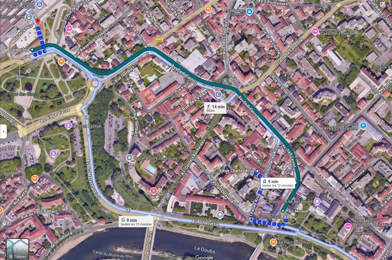 Itinéraire de la colocation à la gare Viotte, à pied ou en tram